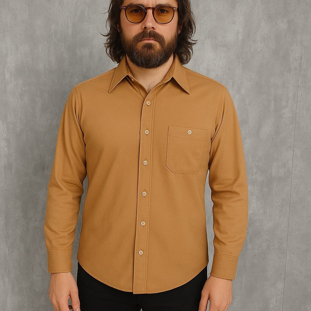 Vintage 70s 80s Sears Nylon Shirt Mens L Beige Button Up‎ Retro Disco Workwear